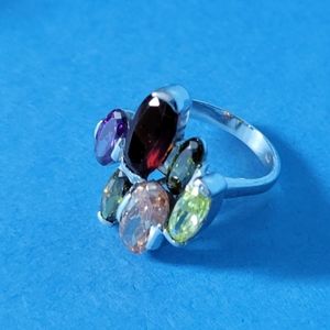 Birthstone ring, multi-colour cubic zirconia.
